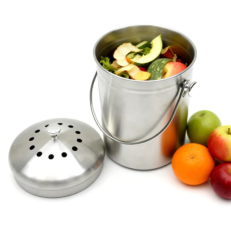 5L Compost Bin Kitchen Countertop Stainless Steel Composter Bucket with Lid and Charcoal Caddy Kitchen Waste Pail Odour Free and Easy Cleaning Silver