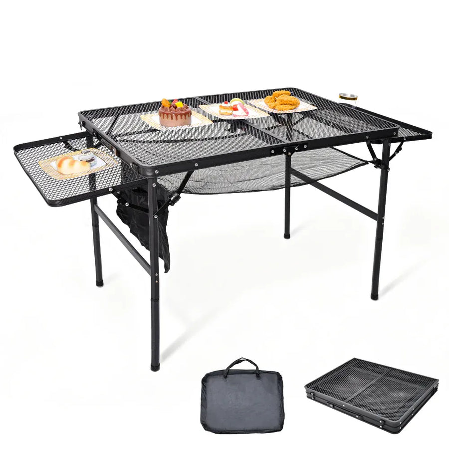 Folding Grill Table 135x60cm Portable Height Adjustable Camping Table with 2 Wing Panels Mesh Desktop and Mesh Storage for Outdoor BBQ Camping Picnic