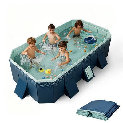 2.6m Foldable Pool PVC Non Inflatable Large Rectangle Pool Holding up to 6 People Hard Thickened Paddling Pool Easy Collapsible and Drainage 260×165×55cm