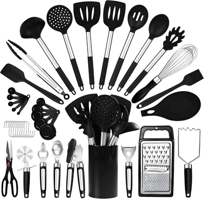 Kitchen Utensils Set with Holder, 40Pcs Silicone Cooking Utensils for Nonstick Cookware,Heat Resistant Kitchen Tools & Gadgets with Can Opener,Potato Peeler,Tongs, Spatulas, (40 Pcs Black)