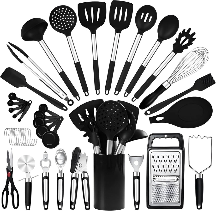 Kitchen Utensils Set with Holder, 40Pcs Silicone Cooking Utensils for Nonstick Cookware,Heat Resistant Kitchen Tools & Gadgets with Can Opener,Potato Peeler,Tongs, Spatulas, (40 Pcs Black)