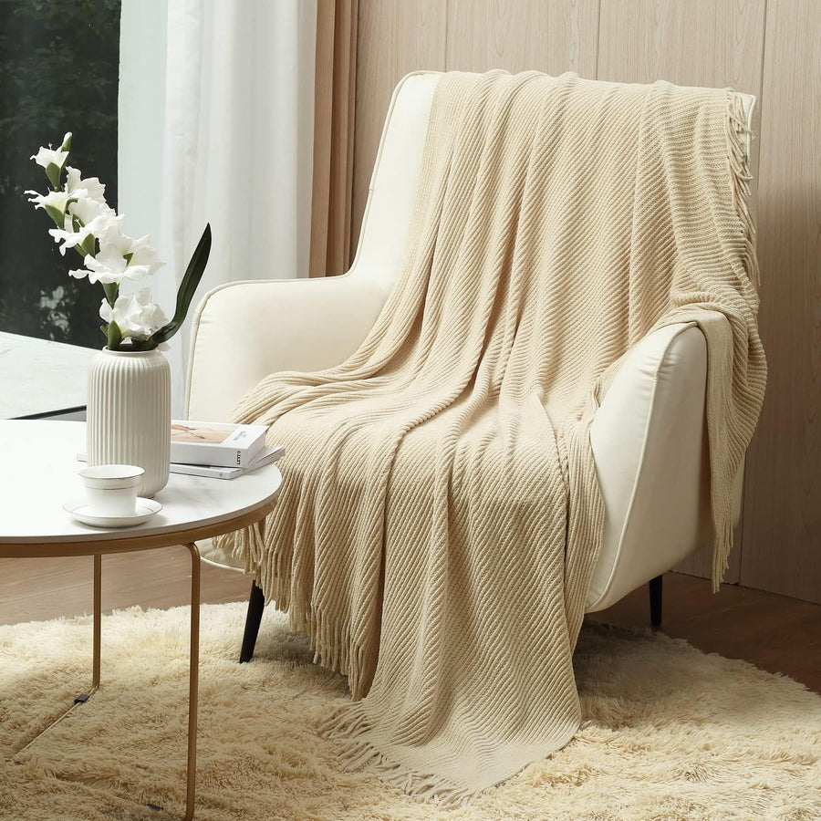 Super Cozy Soft and Warm Chenille Throw Blanket for Sofa Couch Chair Bed, Spring Sumer Fall All Season Use (127X152CM Ivory)