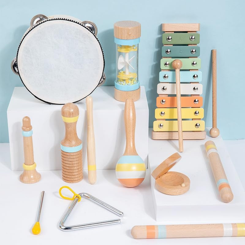 Kids Musical Instruments,Baby Wooden Musical Toys for Toddlers 1-3 Montessori Musical Toys with Xylophone Maracas Tambourine,Percussion Instruments Set Baby Toy for 3+ Girls Boys Gifts(9 Pcs)