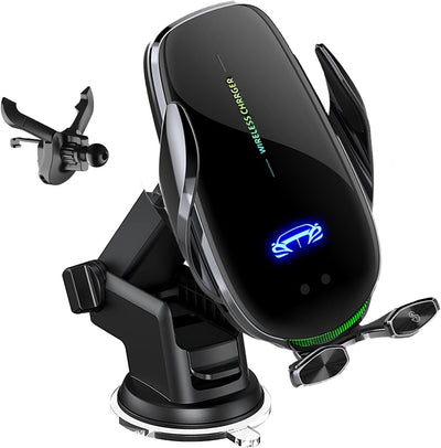 15W Fast Wireless Phone Charger, Car Wireless Phone Holder, Auto-Clamping, Opening without Power Supply, Suit for Car Office Kitchen, round Vent Friendly, Case Friendly(Black&Tripod Clip&Suction)