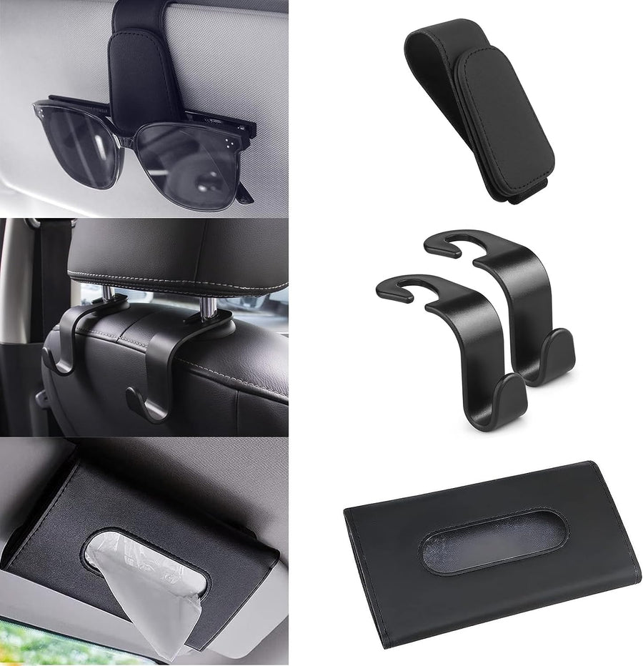Car Accessories Interior, 4 Pack Includes 1 Car Tissue Holder, 1 Car Sunglasses Holder, 2 Car Seat Headrest Hooks, Christmas Automotive Essentials for Car Sun Visor (Black)