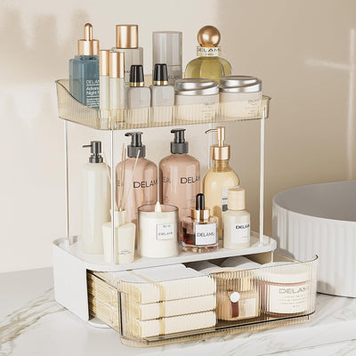 Bathroom Organizer and Storage, 2 Tier 1 Drawer Multi-Purpose Makeup Drawer Organiser for Vanity, Large Cosmetic Case Perfume Tray Skincare Organizer, ABS Material, Amber