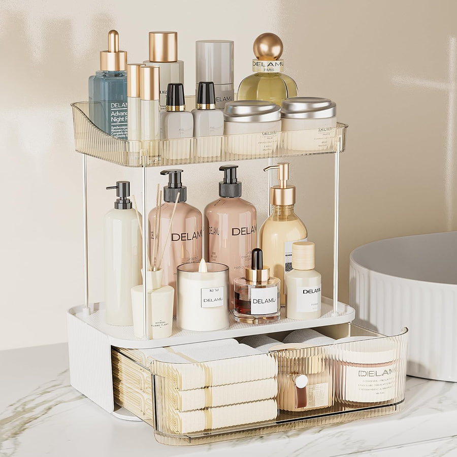 Bathroom Organizer and Storage, 2 Tier 1 Drawer Multi-Purpose Makeup Drawer Organiser for Vanity, Large Cosmetic Case Perfume Tray Skincare Organizer, ABS Material, Amber