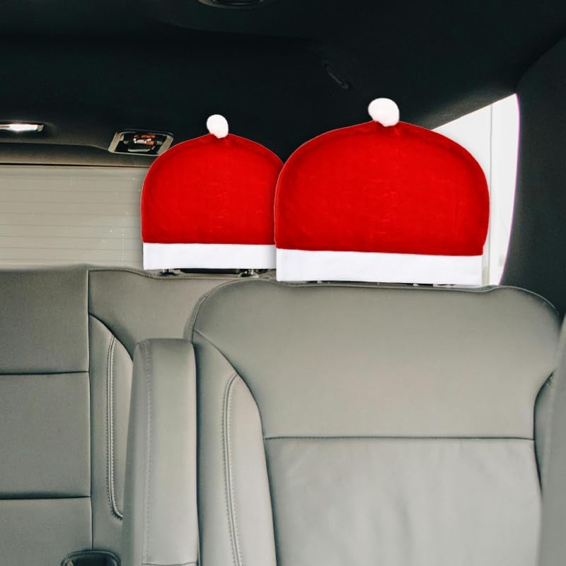 Christmas Car Seat Covers Set of 2 Santa Claus Hat Car Seat Cover Funny Christmas Car Headrest Covers New Year Xmas Car Seat Head Rest Cover for Car Decoration Xmas Vehicle Headrest Cover Protector