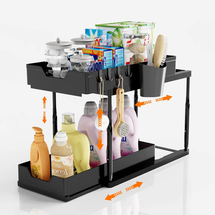 Height Adjustable under Sink Shelf with 2 Tiers, Sink Organiser with 4 Hooks & 1 Cup, Multifunctional Kitchen Shelf, under Cabinet Shelf for Kitchen Cabinet and Bathroom (1PC)
