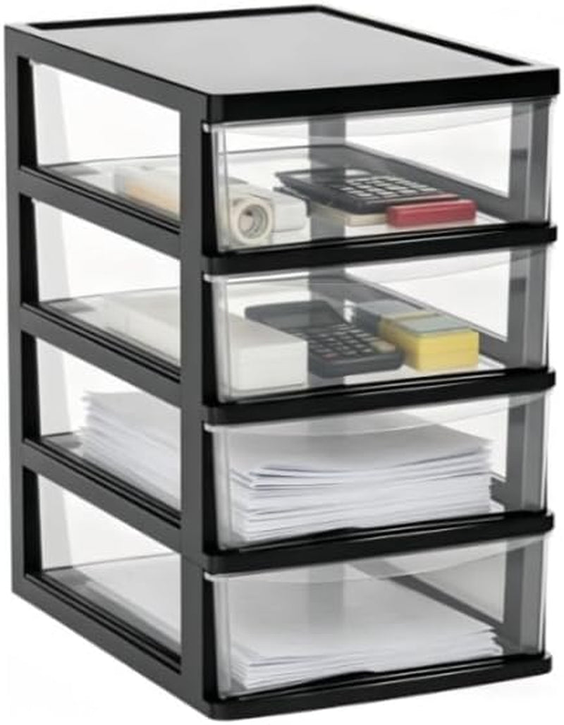 4-Tier Clear Plastic Drawer Organiser, Multifunctional Desktop Storage Box with Space-Saving Design, Small Stackable Desk Organiser for Office Stationery, Makeup, Craft Supplies