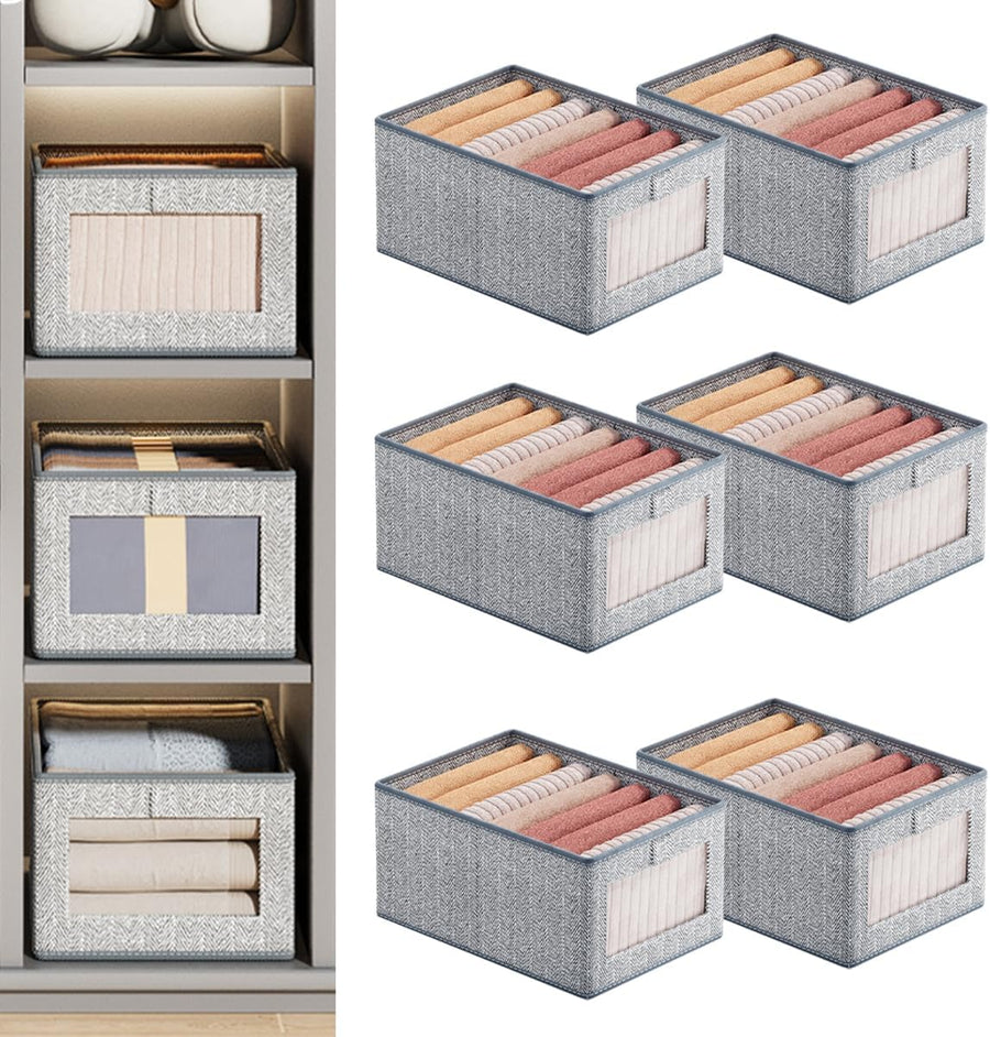 Wardrobe Clothes Organiser,6 Pack Wardrobe Organiser | See-Through Window for Home Storage & Organisation,Foldable Storage Containers with Handle for Jeans,Underwear,Blankets