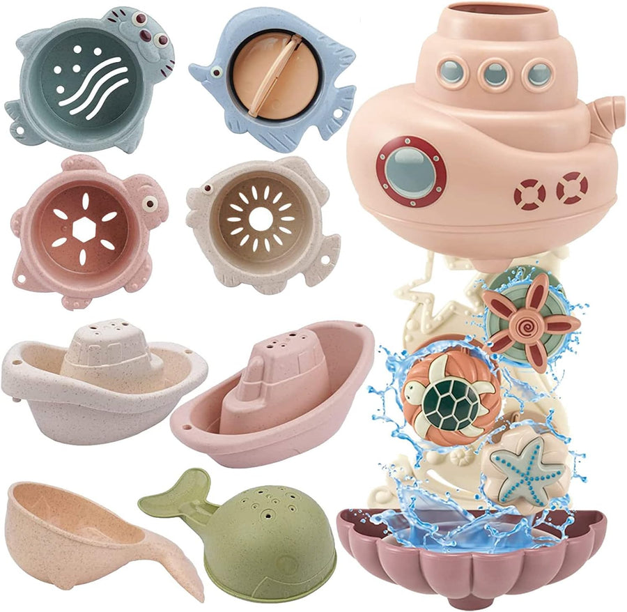 Bath Toys for Toddlers 1-3, Baby Bath Toys for 1 Year Old Boys Girls Gifts | 9-Pcs Kids Toddler Bath Toy Gifts for 1 2 3 Year Old Boys Girls, with Cute Ocean Animal Bath Boats, Cups & Water Wheels