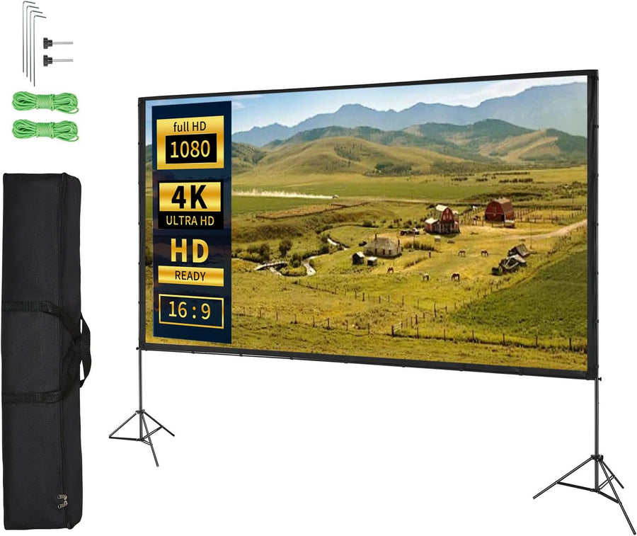 Portable Projector Screen with Stand,120 Inch Indoor Outdoor 16:9 4K 1080 HD Wrinkle-Free Movie Screen with Tripods and Carry Bag,Height Adjustable,Support Double Sided Projection,Home Theater,Office