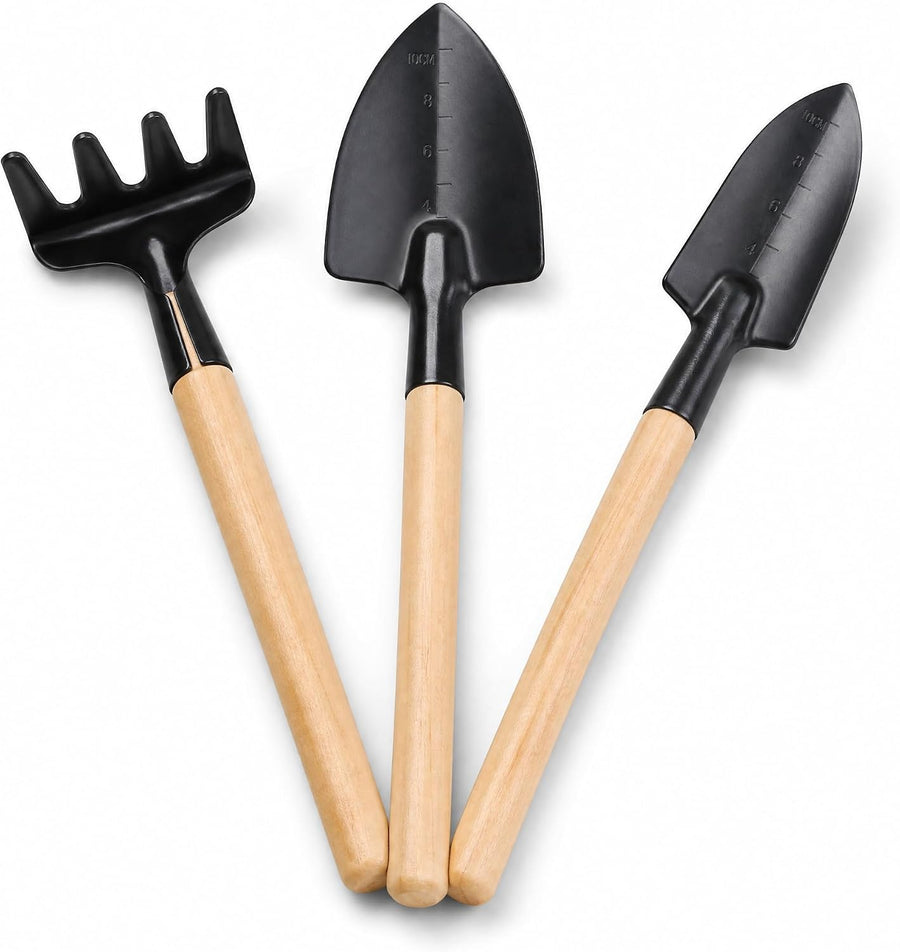 3Pcs Mini Gardening Tool Set with Wooden Handles Includes Small Hand Rake and Spade Ideal for Bonsai and Potted Plants Care