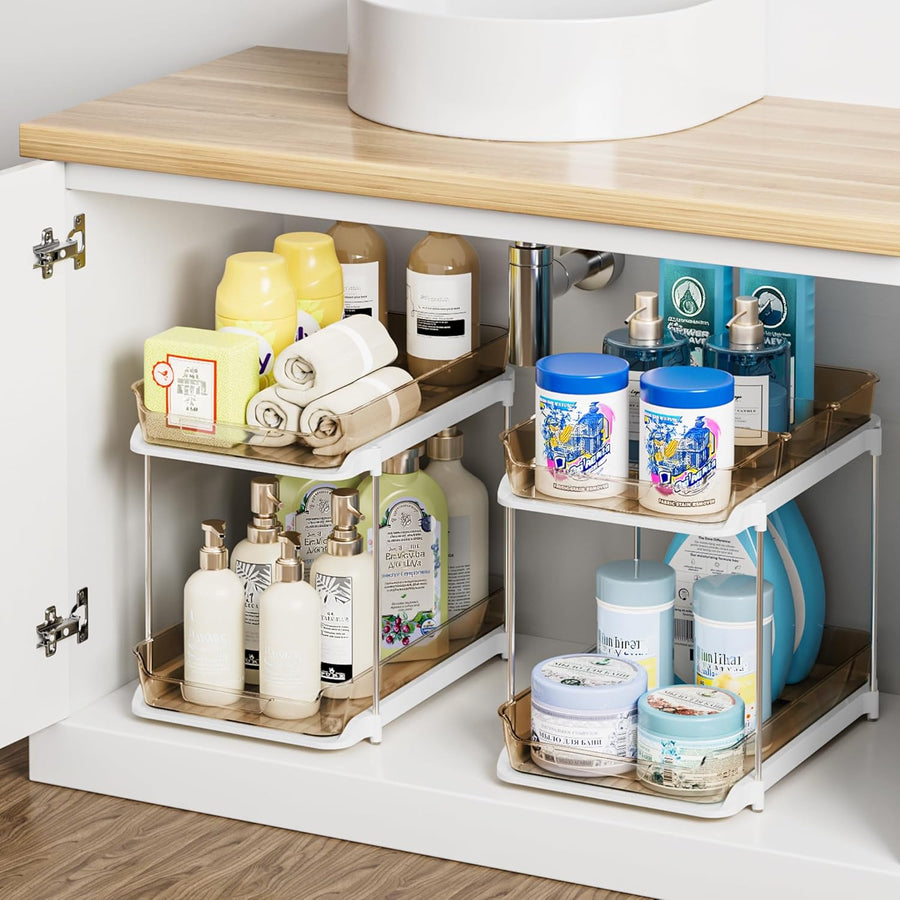 2-Tier Bathroom under Sink Organisers and Storage, Kitchen Pantry Organiser, Pull Out Kitchen Accessories Organisation with Movable Dividers, Amber, 2 Pack