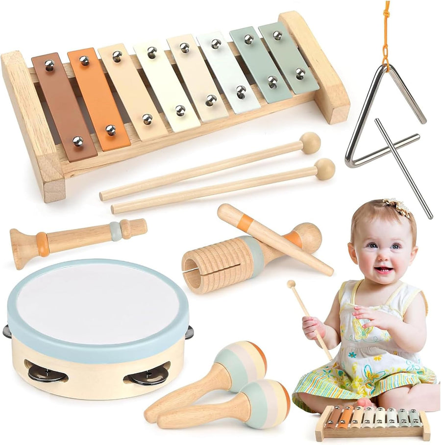 Kids Wooden Musical Instruments Toys, 6 in 1 Toddlers Music Enlightenment Percussion Toys Xylophone Drum Tambourine Sensory Toys for Baby Boy Girl Gift