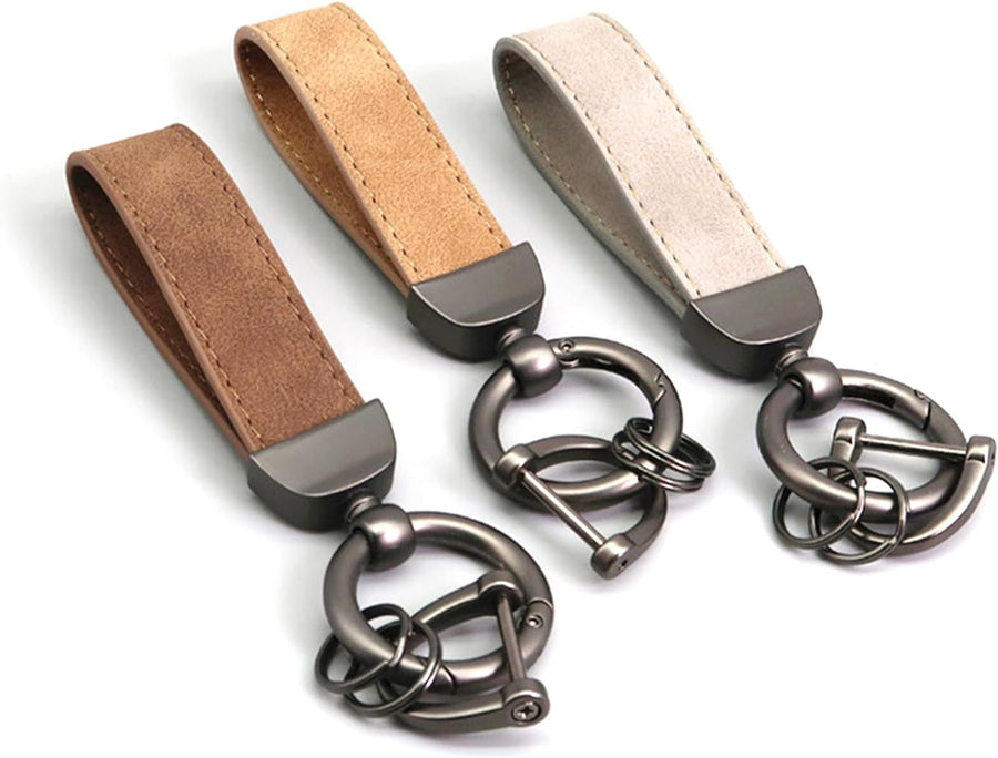 3PCS Genuine Leather Car Keychain Accessories Key Ring 360 Degree Rotatable Snap Swivel and Anti-Lost D-Ring Metal Key Chains for Men and Women(Brown,Grey,Yellow)