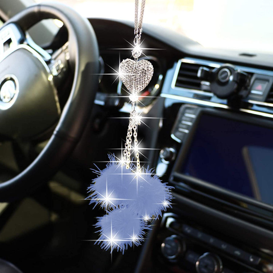 Bling Car Accessories for Women & Men - White Heart & Pink Fuzzy Drops Bling Rhinestones Diamond Rear View Mirror Charms, Lucky Hanging Accessories