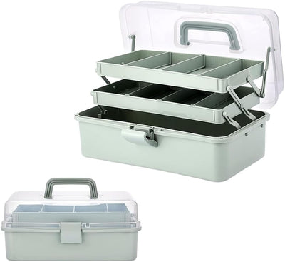 3-Layer Compartment Storage Box with Lid & Handle, Multi-Purpose Tiered Organizer, Divided Storage Container, Craft Box for Craft Supplies, Art Tools & Fishing Tackle (Green)