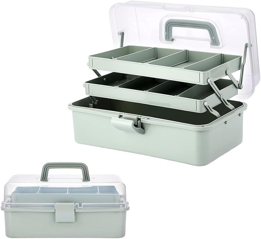 3-Layer Compartment Storage Box with Lid & Handle, Multi-Purpose Tiered Organizer, Divided Storage Container, Craft Box for Craft Supplies, Art Tools & Fishing Tackle (Green)