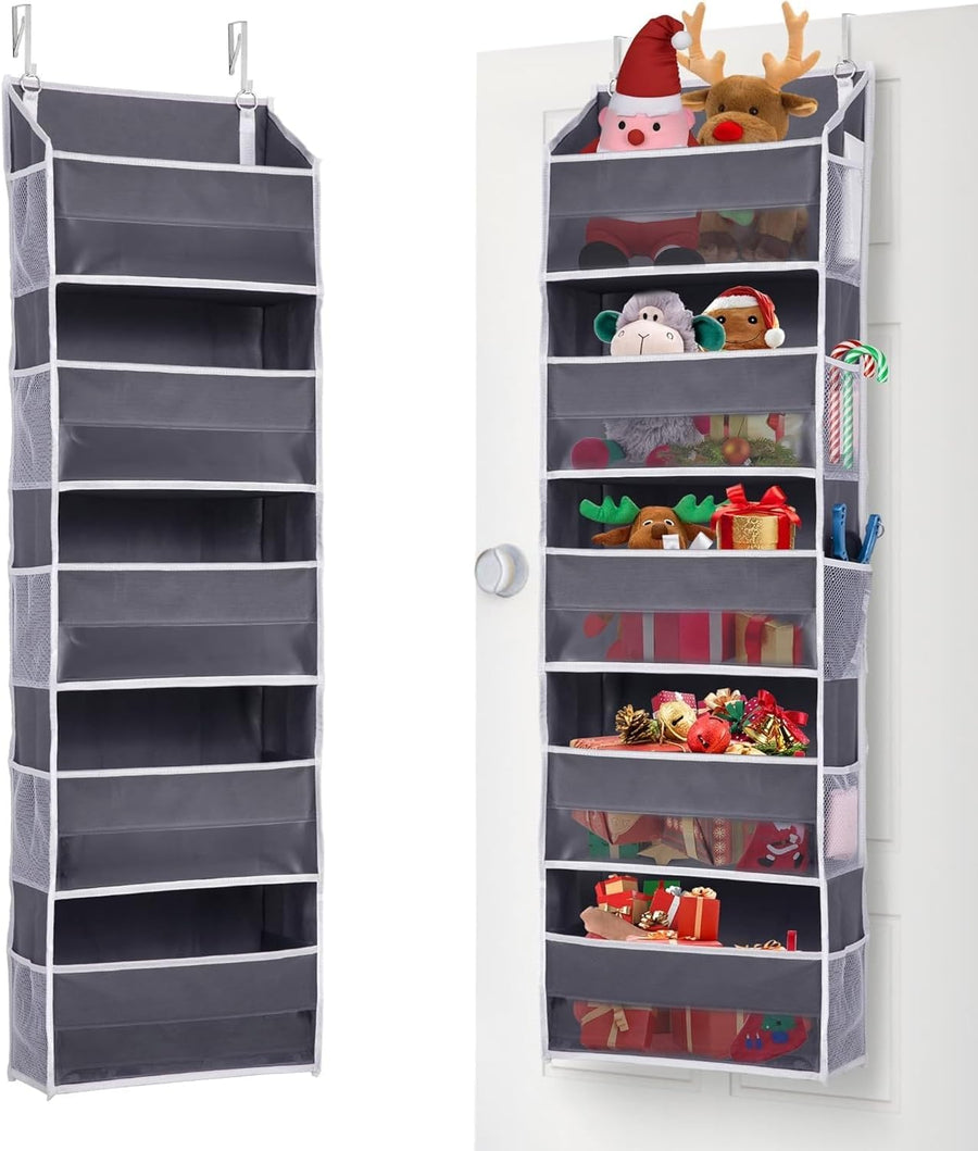 Over the Door Organiser - Home Storage & Organisation, 5 Bins 10 Side Pockets Hanging Storage, anti Tilt 44 Lbs Load Closet Organiser with Clear Window for Bedroom Nursery RV Bathroom (Dark Grey)