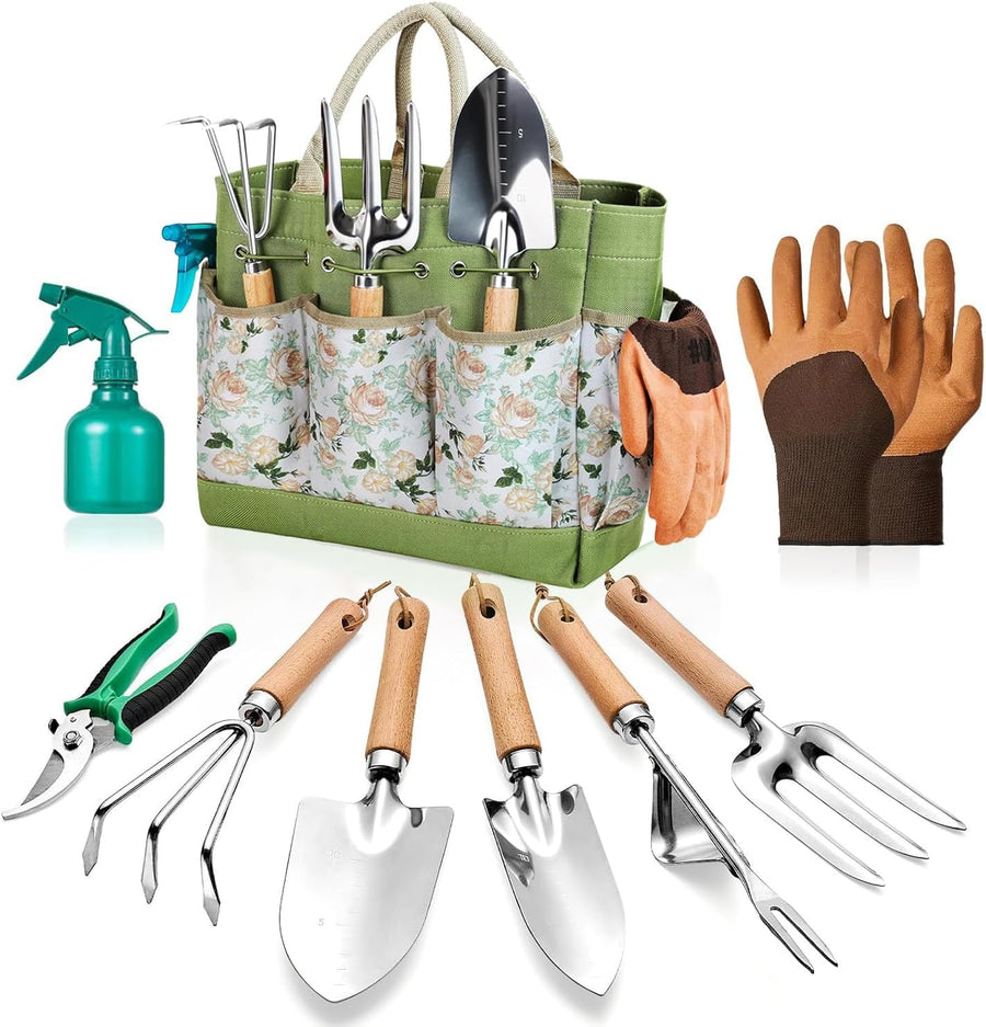 Garden Tools Set, 9 Pieces Gardening Hand Tool Gift Kit, Heavy Duty Durable Garden Tools Organizer Handbag, Rust-Prooffor Gardening Tool Set Women & Men
