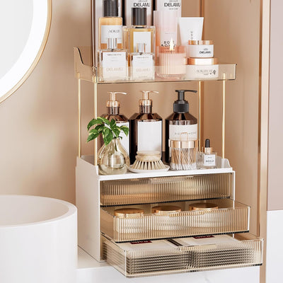 Bathroom Organizers and Storage, 2 Tier 3 Drawer Makeup and Jewellery Organizer, Easy to Install, Ideal for Bathroom Vanity, Ideal for Women Girls, Amber | Elegant Vanity Organizer Gift for Women, Holds Perfume, Skincare, Nail Polish & Hair Accessories fo
