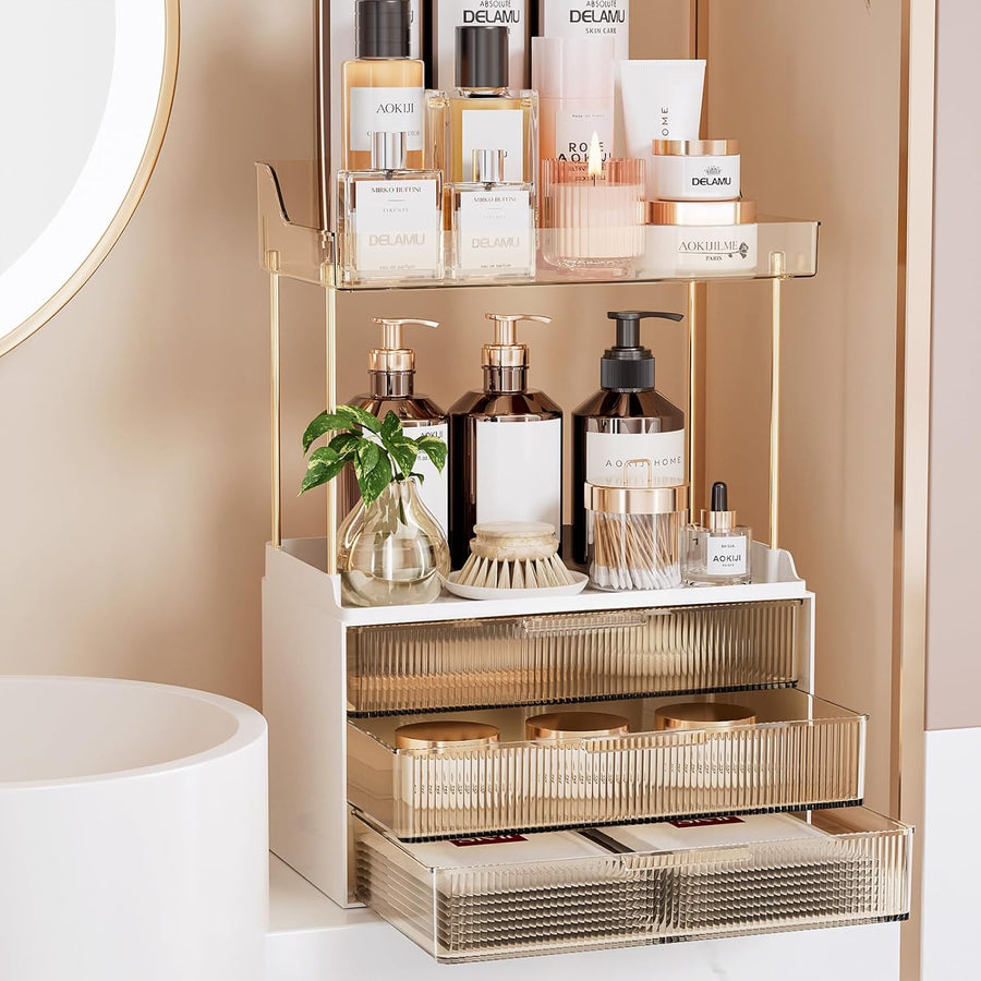 Bathroom Organizers and Storage, 2 Tier 3 Drawer Makeup and Jewellery Organizer, Easy to Install, Ideal for Bathroom Vanity, Ideal for Women Girls, Amber | Elegant Vanity Organizer Gift for Women, Holds Perfume, Skincare, Nail Polish & Hair Accessories fo