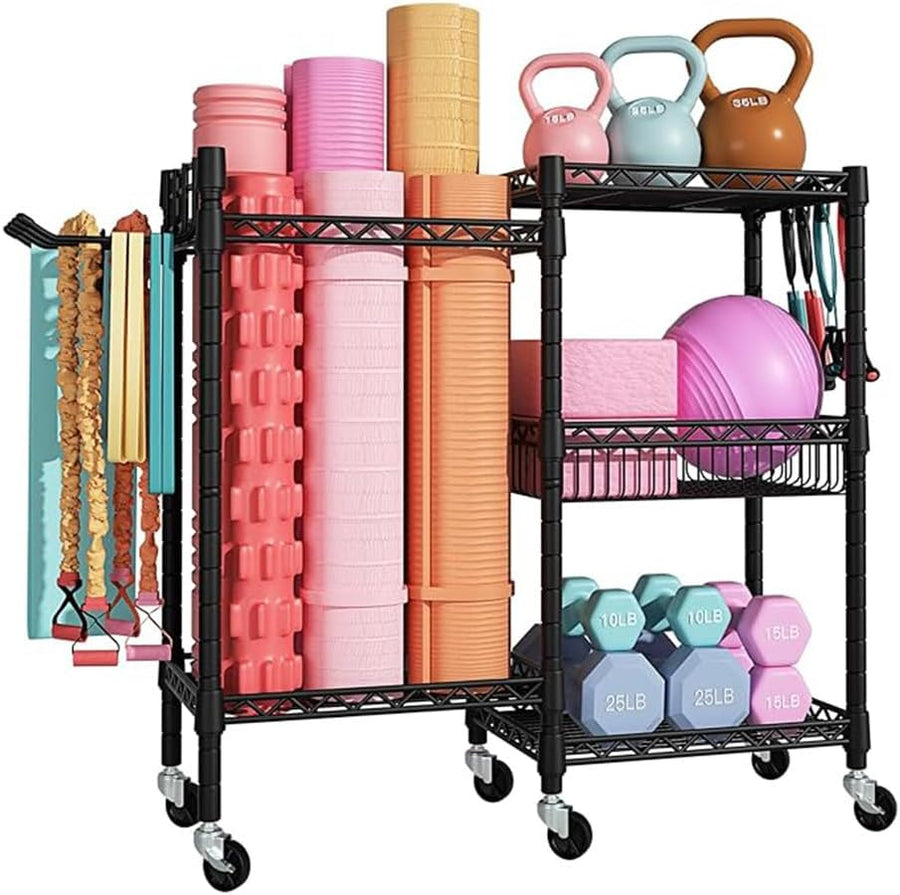 Home Yoga Mat Storage Rack, Kettlebell Fitness Equipment Storage Rack, Sports Equipment Organizer with Hooks and Wheels for Dumbbells, Kettlebells, Foam, Resistance Bands, Suitable for Home and Gym.