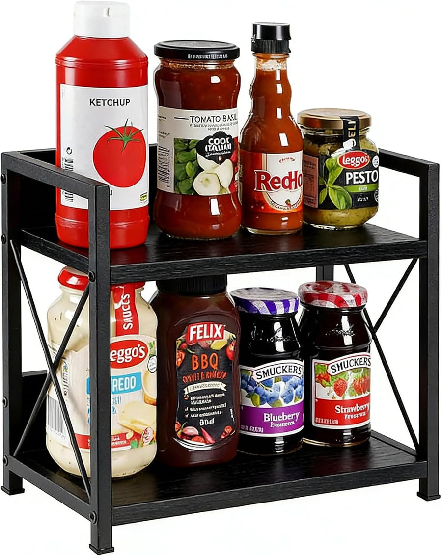 2 Tier Countertop Spice Rack and Coffee Station Organiser, Black | Wooden Countertop Organiser Shelf for Spice Rack, Coffee Bar Storage, Kitchen Counter, Pantry, Cups and Coffee Accessories