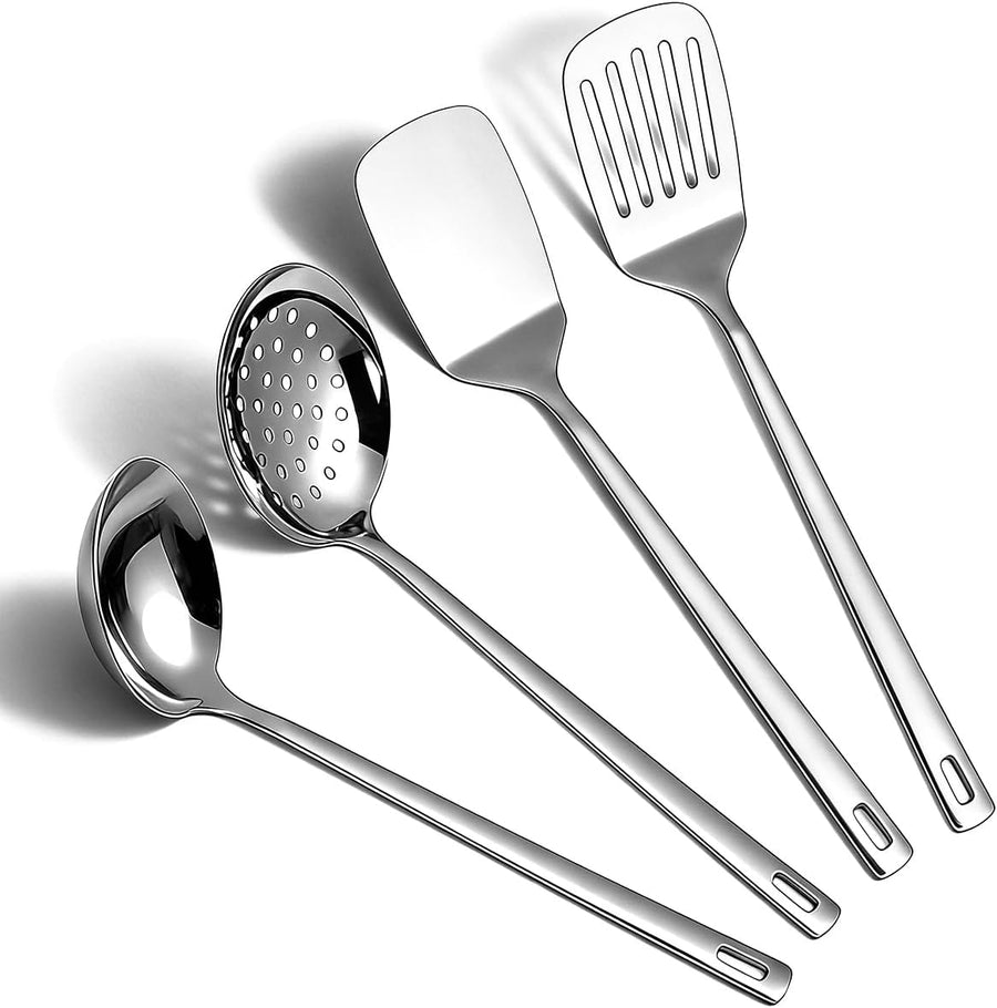 Stainless Steel Kitchen Utensils Set 4 Pieces, Cooking Utensil Set Include Metal Spatula Set, Kitchen Skimmer, Soup Ladle, Kitchen Gadgets Kitchen Essentials New Home Must Have