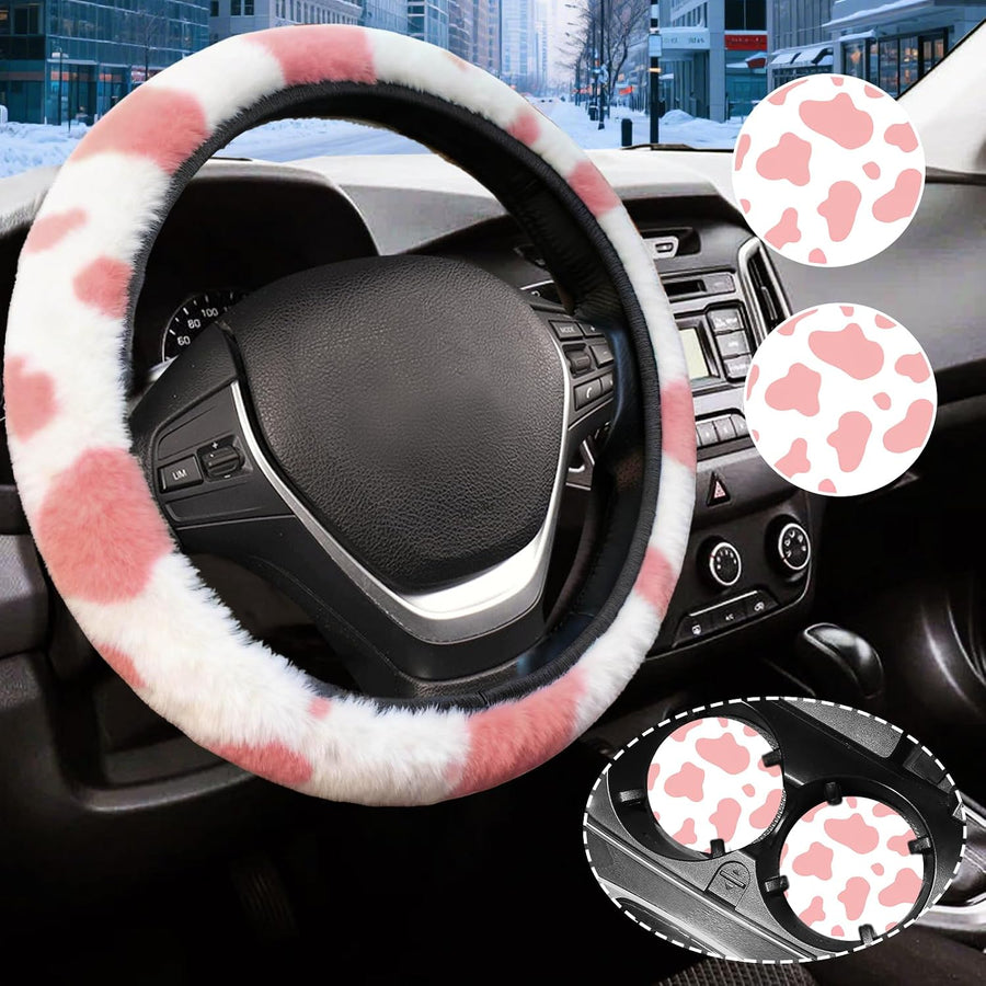 Pink Cow Print Fuzzy Steering Wheel Cover Universal-2Pcs Car Coasters | Universal Auto 14-15 Inch Car Interior Accessories, Warm & Sweat Absorbent, Simple Installation and Effortless Removal