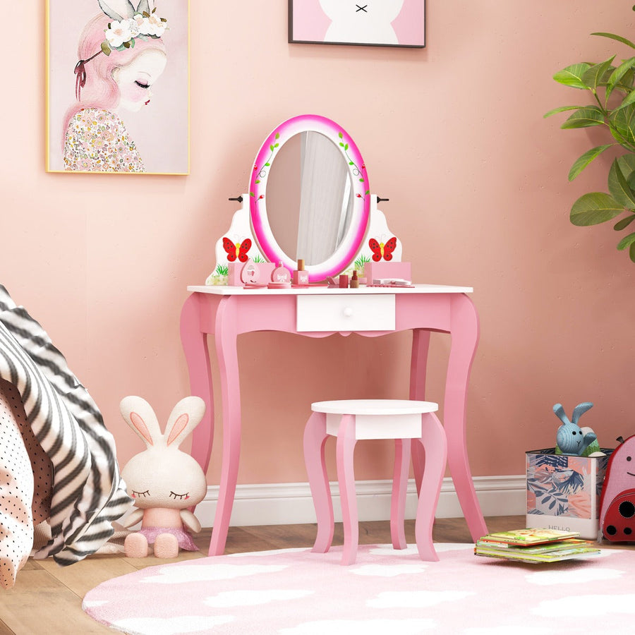 NNECW Kids Makeup Dressing Desk Set with 360° Rotating Mirror for Girls-0